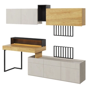 Meblościanka Teen Flex hikora naturalna / silk flou / raw steel designerski zestaw mebli dla nastolatków wyposażony w oświetlenie LED