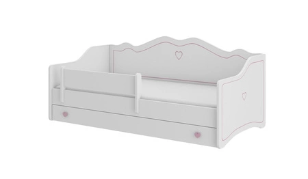 Łóżko Emily 80x160 cm białe dziecięce łóżko z materacem i barierką ochronną różowe uchwyty w kształcie serca ozdobny nadruk