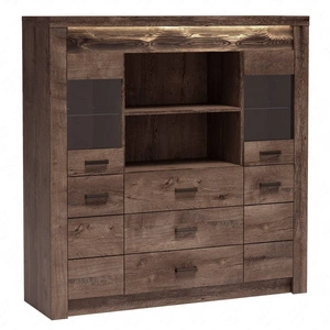 Komoda z szufladami Indiana 137 cm jesion ciemny gustowna stylistyka komody z przeszkleniem ozdobna deska na froncie komody oświetlona LED