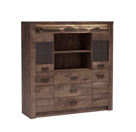 Komoda z szufladami Indiana 137 cm jesion ciemny gustowna stylistyka komody z przeszkleniem ozdobna deska na froncie komody oświetlona LED