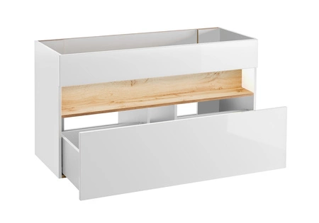 Zestaw mebli łazienkowych Bahama biały połysk / dąb wotan nowoczesne szafki wiszące do łazienki wzbogacone o oświetlenie LED