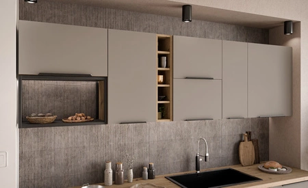 Zestaw mebli kuchennych Fiuggi Ar 255 cm stylowe szafki kuchenne z frontami wykonanymi w technologii anti fingerprint metalowe uchwyty