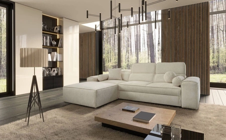 Narożnik z funkcją spania Viano kremowy lewostronny stylowy narożnik o ciekawym kształcie regulowane zagłówki ozdobne poduszki