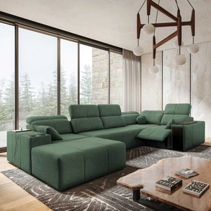 Narożnik z funkcją spania Tesalia IV Lux miętowy lewostronny stylowy narożnik z wysuwanym podnóżkiem oraz funkcją przesuwanego oparcia