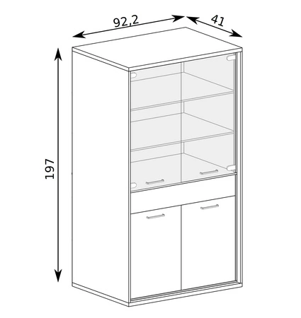 Witryna Mediolan 92 cm hikora stylowa witryna do salonu elementy z bezpiecznego szkła szuflada z systemem push to open subtelne czarne dodatki