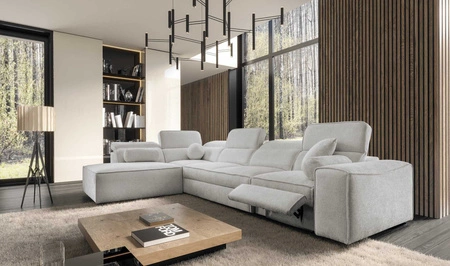 Narożnik z funkcją spania Viano XI Lux szary popiel lewostronny designerski narożnik z wysuwanym podnóżkiem i pojemnikiem na pościel