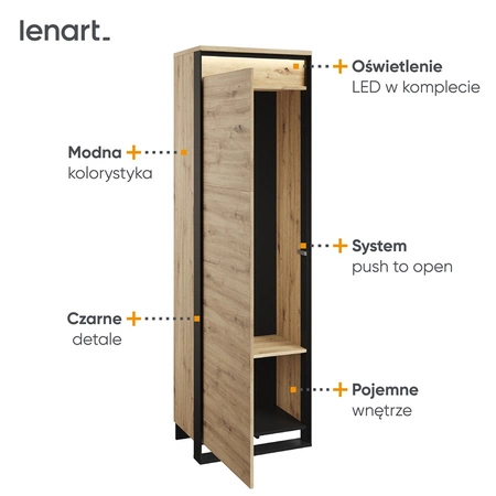 Szafa Quant 60 cm dąb artisan / czarny stylowy design szafy do przedpokoju o niewielkich gabarytach subtelne oświetlenie LED