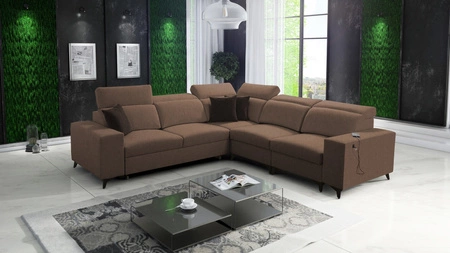 Narożnik z funkcją spania Kelly Sleek III jasny brąz prawostronny elegancki narożnik do salonu z dwoma pojemnikami na pościel
