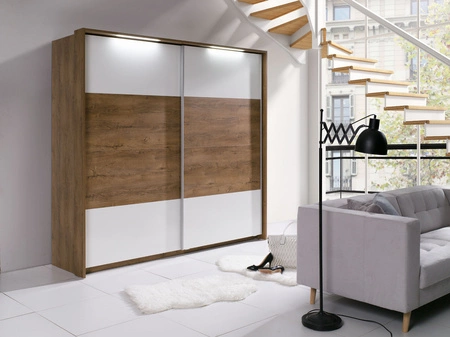 Szafa przesuwna Latika 230 cm dąb burgundzki / biała nowoczesny design szafy dwie wbudowane szuflady i aluminiowe prowadnice drzwi