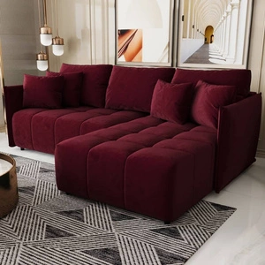 Narożnik z funkcją spania Oroso bordowy prawostronny miękka tkanina typu velvet z powłoką hydrofobową pojemnik na pościel