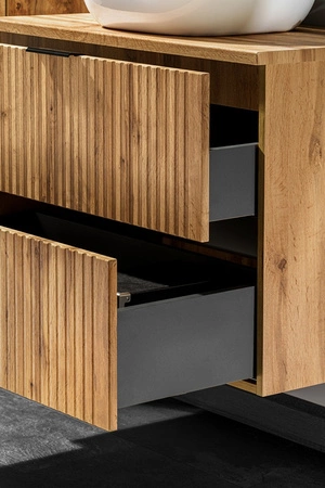 Zestaw mebli łazienkowych Adeel dąb wotan nowoczesne meble do łazienki z ryflowanymi frontami wysoka odporność na działanie wilgoci