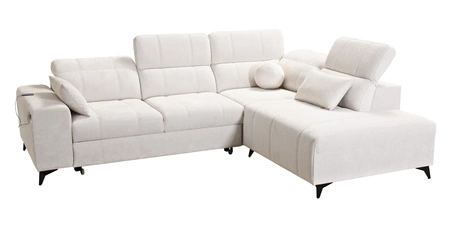 Narożnik z funkcją spania Penejos VII beżowy prawostronny stylowy narożnik z pojemnikiem na pościel wygodne regulowane zagłówki