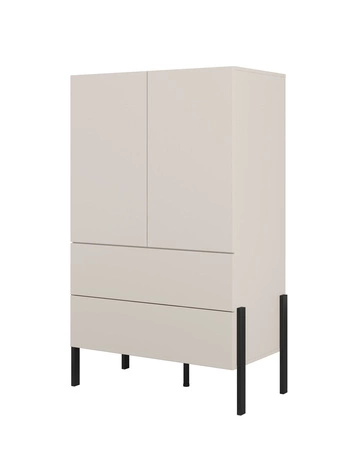 Komoda wysoka Jukon S 90 cm gustowna forma mebla w nowoczesnym stylu system otwierania push to open metalowe czarne nogi pojemne szuflady