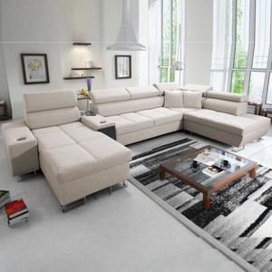 Narożnik z funkcją spania Dafni V jasny beż lewostronny velvet wygodny i komfortowy narożnik z regulowanymi zagłówkami