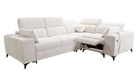 Narożnik z funkcją spania Penejos II Lux beżowy prawostronny wygodny narożnik do salonu z komfortowym wysuwanym podnóżkiem