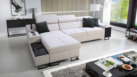 Narożnik z funkcją spania Alcamo szary popiel lewostronny elegancki i stylowy narożnik z dostawką praktyczna szuflada w boczku mebla