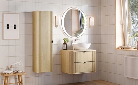 Szafka pod umywalkę Ovalia Cremona 80 cm dąb cremona stylowa szafka z szufladami zaokrąglony kształt dekoracyjne pionowe ryflowania