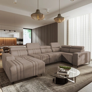 Narożnik z funkcją spania Castel IV jasny brąz lewostronny stylowy narożnik z pojemnikami na pościel i regulowanymi zagłówkami