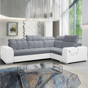 Narożnik z funkcją spania Luigi II szary / biały prawostronny komfort podczas codziennego wypoczynku narożnik z pojemnikiem na pościel