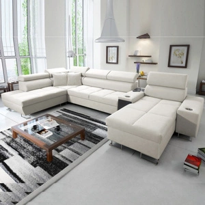 Narożnik z funkcją spania Dafni V kość słoniowa prawostronny velvet wygodny i komfortowy narożnik z regulowanymi zagłówkami