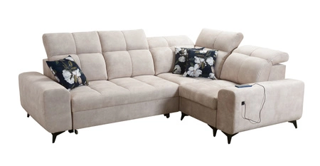 Narożnik z funkcją spania Buffalo II ciemny beżowy prawostronny funkcjonalny i stylowy narożnik rozkładany z regulowanymi zagłówkami