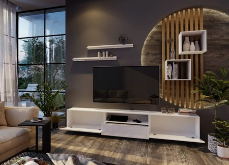 Meblościanka Metoni biała / biały połysk uniwersalna i stylowa meblościanka do salonu minimalistyczny design w nowoczesnej aranżacji