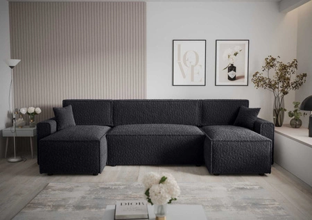 Narożnik z funkcją spania Brandon U Bis czarny pojemnik na pościel podłokietniki tkanina o charakterystycznej pętelkowej powierzchni