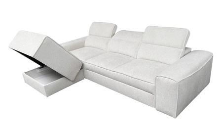 Narożnik z funkcją spania Viano patynowy lewostronny stylowy narożnik o ciekawym kształcie regulowane zagłówki ozdobne poduszki