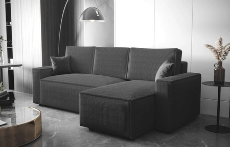 Narożnik z funkcją spania Nelo grafitowy prawostronny praktyczny i nowoczesny narożnik pokryty sztruksową tkaniną pojemnik na pościel