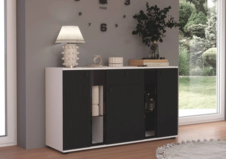 Komoda z szufladą Senja 140 cm biała / czarna elegancki design ozdobny ryflowany front z metalowym uchwytem