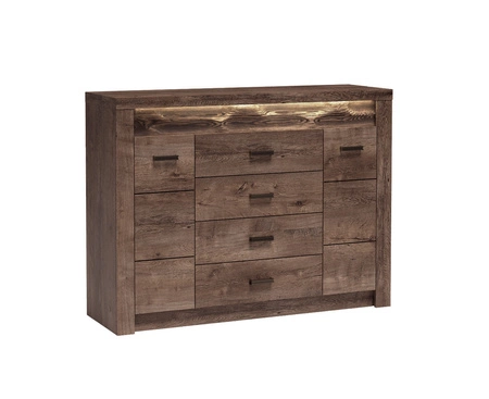 Komoda z szufladami Indiana 137 cm jesion ciemny elegancka stylistyka komody ozdobna deska na froncie komody oświetlona LED