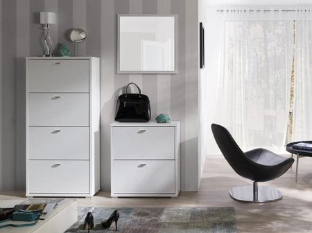 Szafka na buty Anter biała funkcjonalna szafka do przedpokoju praktyczne 4 drzwi otwierane do dołu