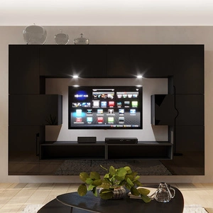 Meblościanka Serwia czarna / czarny połysk stylowe bezuchwytowe bryły designerska meblościanka do salonu lub pokoju dziennego