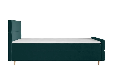 Łóżko kontynentalne Benet 90x200 turkusowe w nowoczesnym skandynawskim stylu z tapicerowanym zagłówkiem oraz zanóżkiem łóżko z pojemnikiem