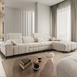 Narożnik z funkcją spania Penejos XII kremowy prawostronny stylowy narożnik z pojemnikami na pościel komfortowe regulowane zagłówki