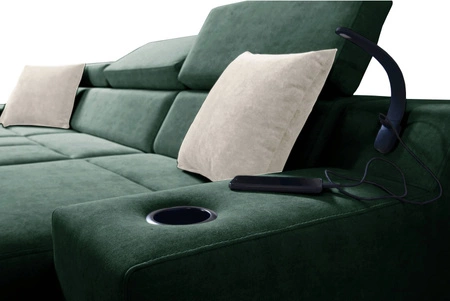 Narożnik z funkcją spania Alcamo miodowy / biały prawostronny elegancki i stylowy narożnik z dostawką praktyczna szuflada w boczku mebla