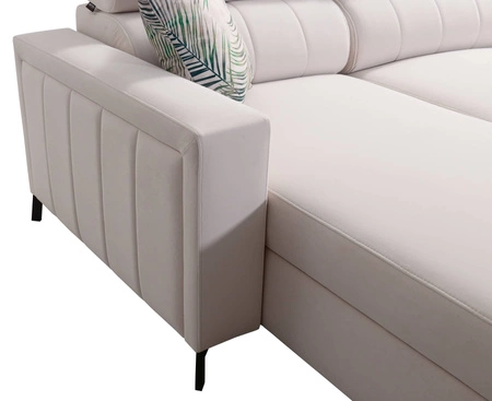 Narożnik z funkcją spania Savona kremowy / biały lewostronny elegancki narożnik z regulowanymi zagłówkami dekoracyjne przeszycia