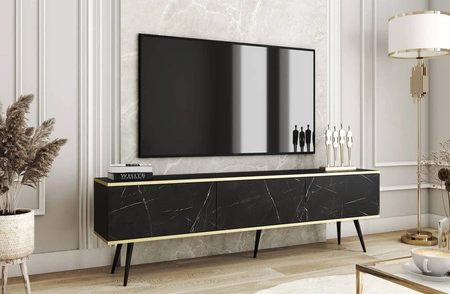 Szafka RTV Luxury 175 cm czarny marmur elegancki design korpus zwieńczony złotą listwą szafka wsparta na czarnych metalowych nogach