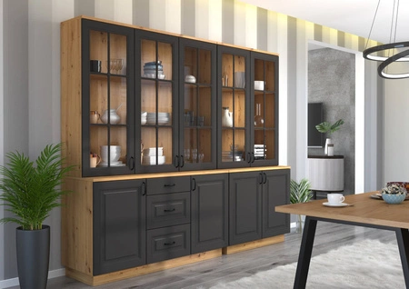 Kredens Style 100 cm dąb artisan / szary grafit klasyczny design bezpieczne szkło hartowane stylowe frezowane fronty metalowe uchwyty