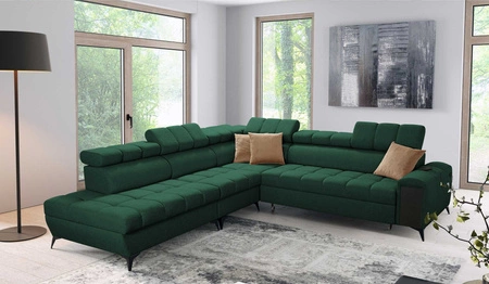 Narożnik z funkcją spania Bolmso IX zielony lewostronny komfortowy narożnik do salonu z szufladą pojemniki na pościel stylowy design