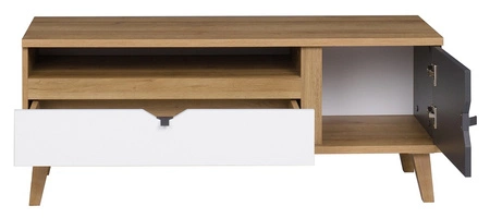 Szafka RTV Memone 120 cm dąb złoty / biały / grafitowy stylowa szafka pod telewizor idealna do pokoju młodzieżowego w stylu skandynawskim