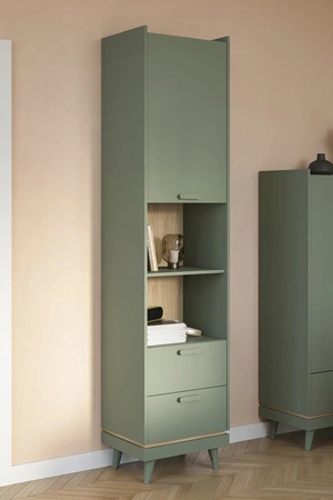 Regał Scandia 50 cm zielony / dąb olejowany stylowy design regału z szufladami na wysokich nogach idealna do sypialni lub pokoju nastolatka