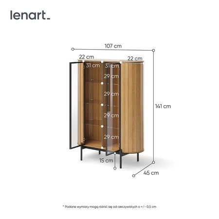 Witryna Rotto 107 cm dąb vincenza nowoczesny design witryny o owalnym kształcie półki wykonane z bezpiecznego szkła hartowanego