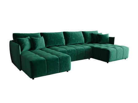 Narożnik z funkcją spania Oroso U butelkowa zieleń pojemnik na pościel tkanina typu velvet z powłoką hydrofobową ozdobne pikowania