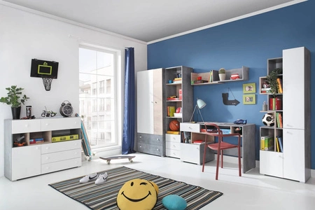 Szafa Epsilon 80 cm beton / biała / dąb idealna do pokoju młodzieżowego funkcjonalna szafa z szufladami