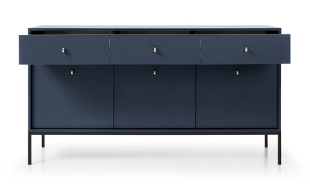 Komoda z szufladami Mono 154 cm granatowa minimalistyczny design stylowy złoty uchwyt prosta forma wzbogacona o metalowe elementy