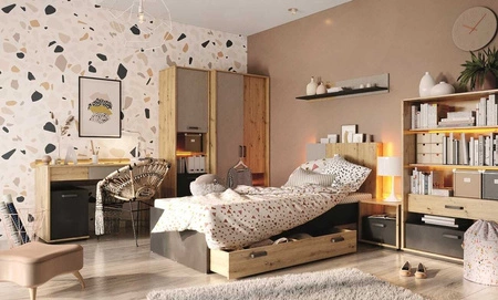 Szafka nocna Qubic dąb artisan / raw steel stylowa szafka z szufladą i funkcjonalnym oświetleniem LED idealny dodatek do sypialni