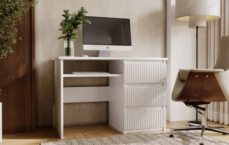 Biurko z szufladami Flexi 110 cm białe uniwersalne biurko z możliwością montażu szuflad z obu stron dekoracyjne ryflowane fronty