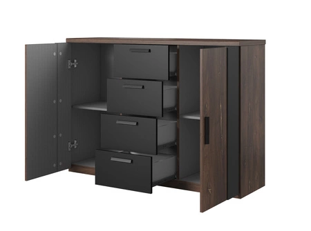 Komoda z szufladami Sigma 132 cm dąb flagstaff / czarny z miedzianą wstawką nowoczesny design doskonała propozycja komody do salonu i sypialni