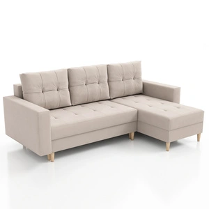 Narożnik z funkcją spania Vaso jasny beż uniwersalny wygodny narożnik do salonu w stylu skandynawskim duży pojemnik na pościel